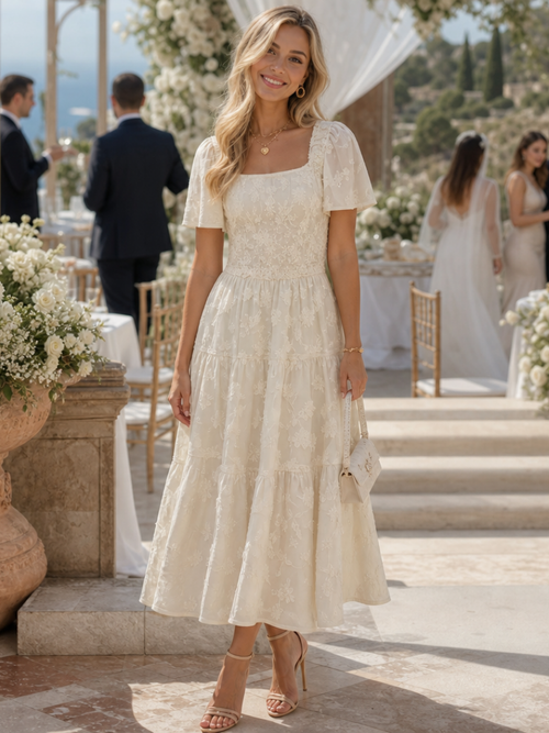 Blumenmuster Midi-Kleid für Damen mit Puffärmeln und elegantem quadratischem Ausschnitt - J&B - 1 - Atelier-Zofia