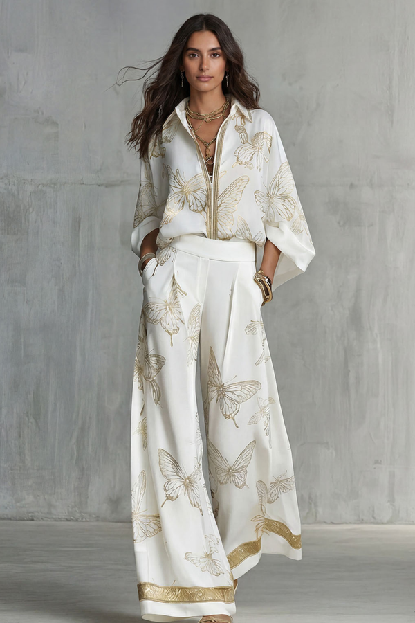 Two-Piece Set Women's Butterfly Print Blouse and Wide-Leg Pants with Gold Accents - Image 1