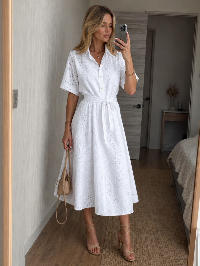 Elegantes Damen-Hemdkleid mit floralem Lochmuster und Taillengürtel - J&B - 1 - Atelier-Zofia