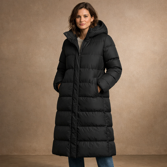 Langer Steppmantel mit Kapuze und Reißverschluss