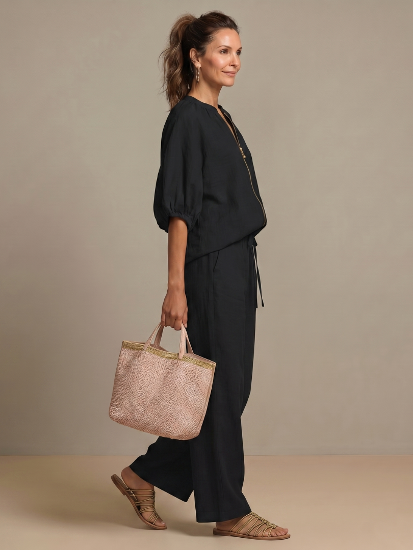 Elegantes Damen Set mit Puffärmeln und Weitbein-Hose - J&B - 20 - Atelier-Zofia