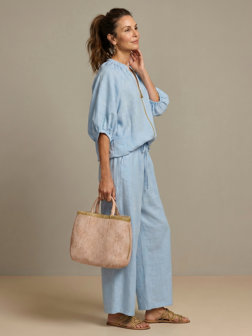 Elegantes Damen Set mit Puffärmeln und Weitbein-Hose - J&B - 2 - Atelier-Zofia