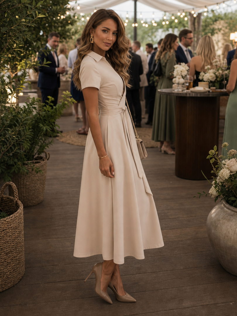 Damen Midi Wickelkleid mit kurzem Arm und taillierendem Gürtel - J&B - 2 - Atelier-Zofia