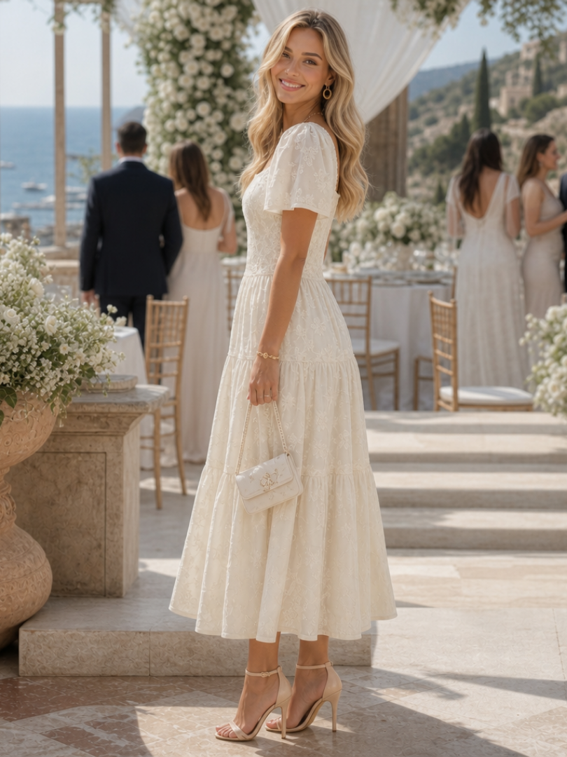 Blumenmuster Midi-Kleid für Damen mit Puffärmeln und elegantem quadratischem Ausschnitt - J&B - 2 - Atelier-Zofia