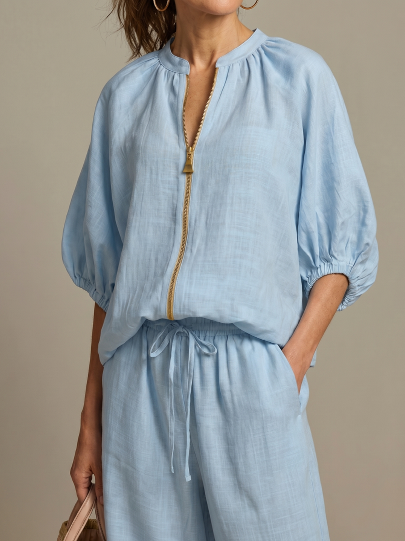 Elegantes Damen Set mit Puffärmeln und Weitbein-Hose - J&B - 3 - Atelier-Zofia