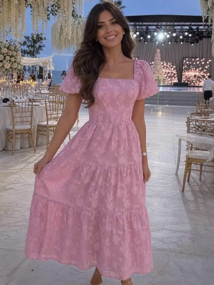 Blumenmuster Midi-Kleid für Damen mit Puffärmeln und elegantem quadratischem Ausschnitt - J&B - 4 - Atelier-Zofia