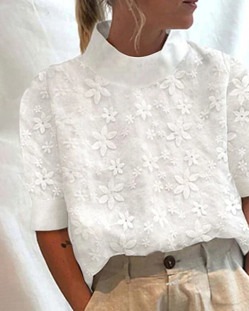 Anna – Bestickte Kurzarm Bluse mit Stehkragen