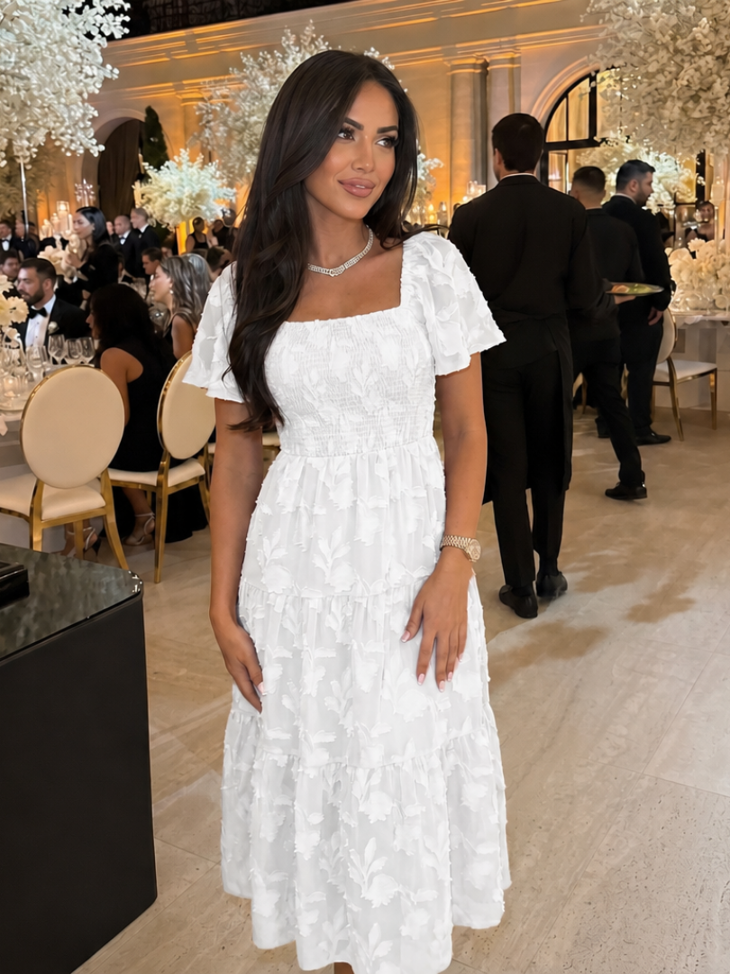 Blumenmuster Midi-Kleid für Damen mit Puffärmeln und elegantem quadratischem Ausschnitt - J&B - 6 - Atelier-Zofia