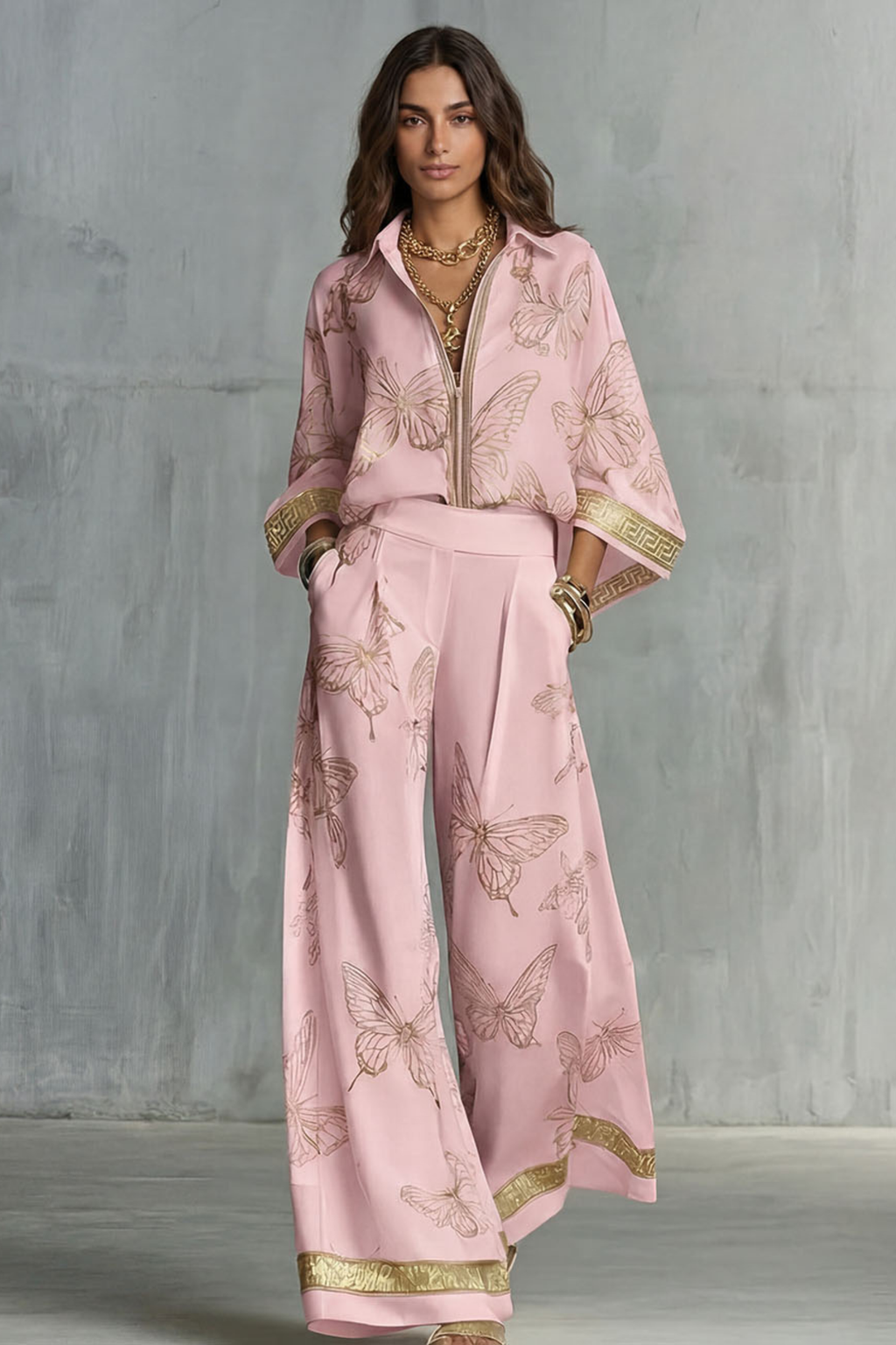 Two-Piece Set Women's Butterfly Print Blouse and Wide-Leg Pants with Gold Accents - Image 6