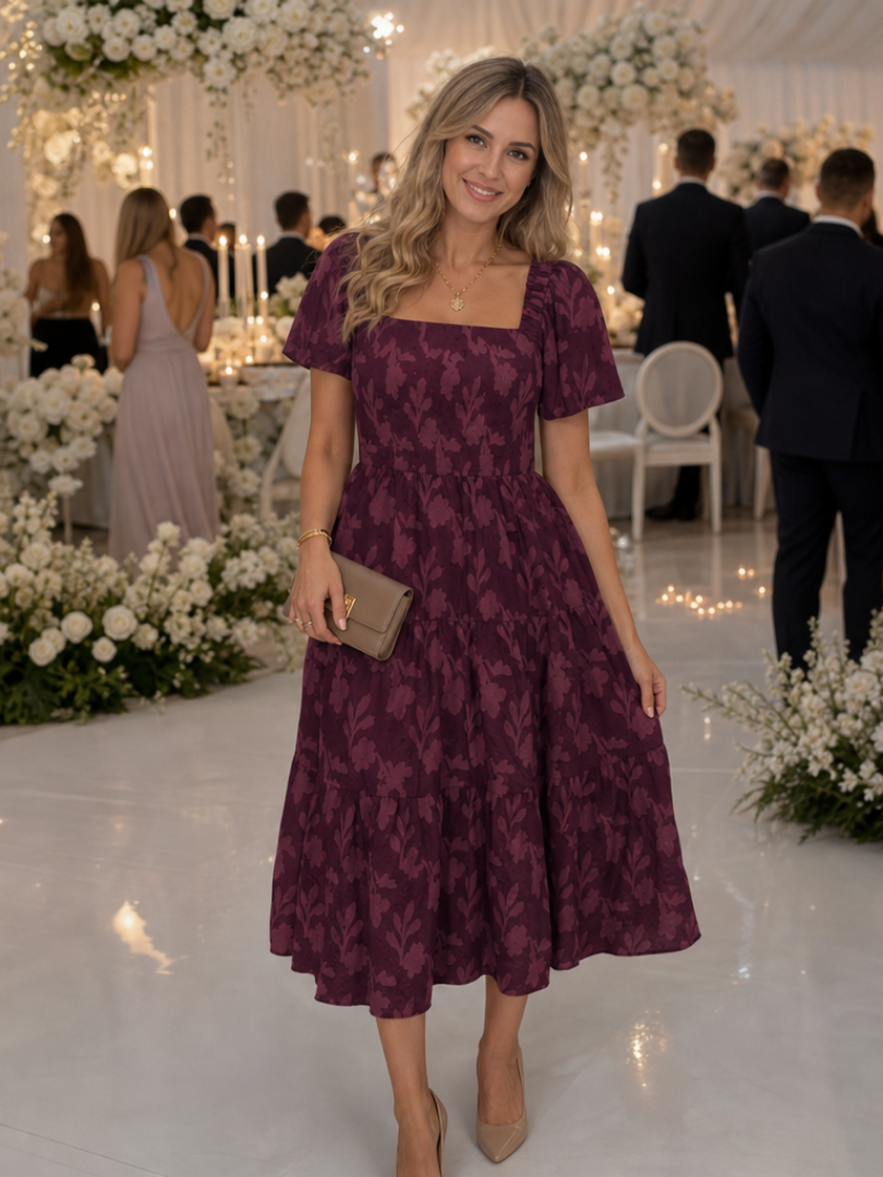 Blumenmuster Midi-Kleid für Damen mit Puffärmeln und elegantem quadratischem Ausschnitt - J&B - 8 - Atelier-Zofia