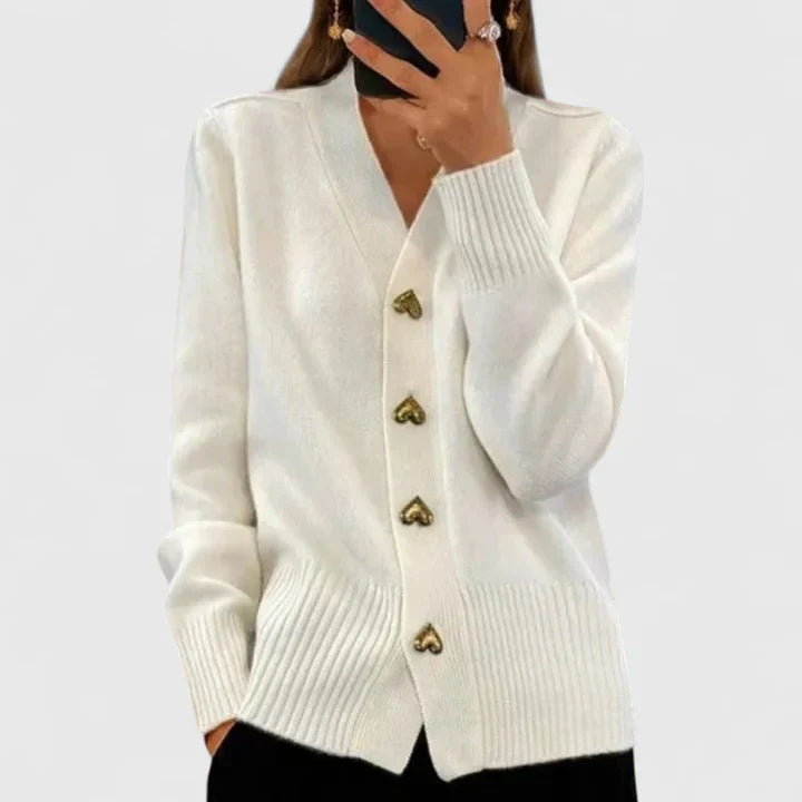 Eleganter Damen-Cardigan mit V-Ausschnitt und besonderen Knöpfen - J&B - 6 - Atelier-Zofia