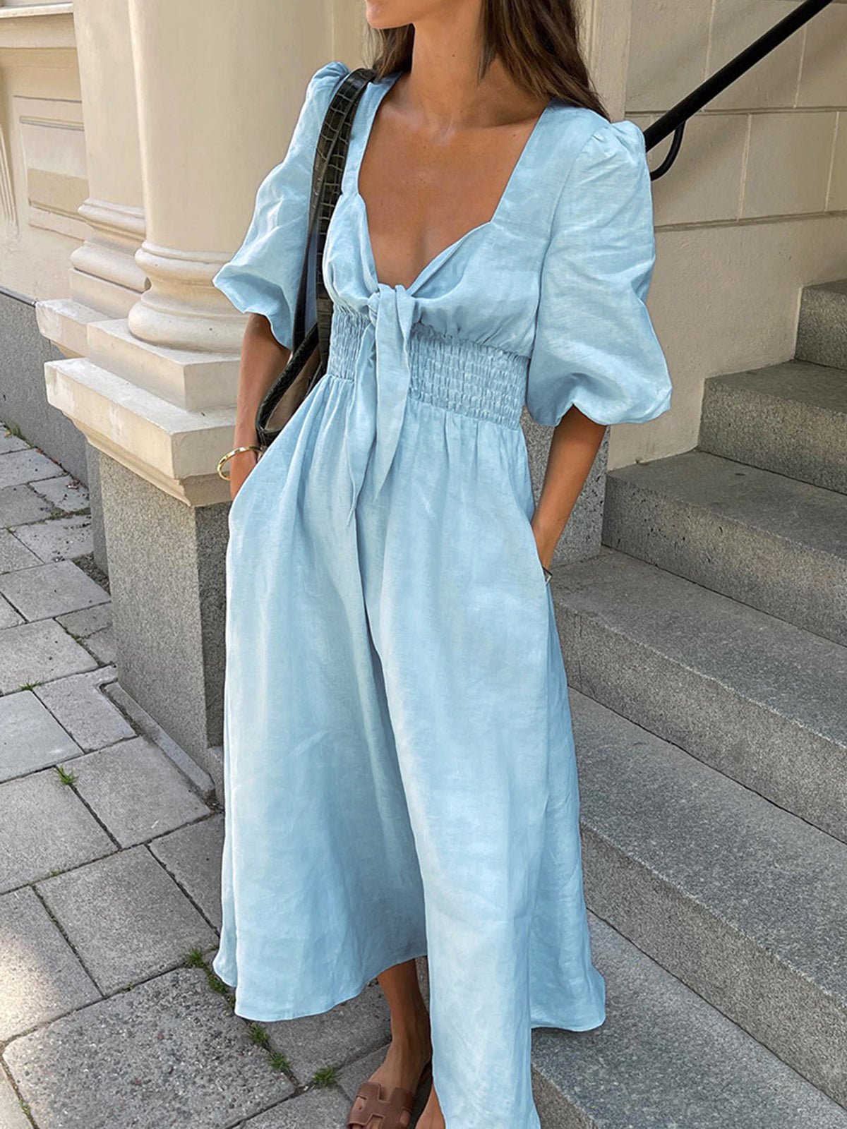 Mia – Linen Cotton Front Tie Midi Dress - Image 1