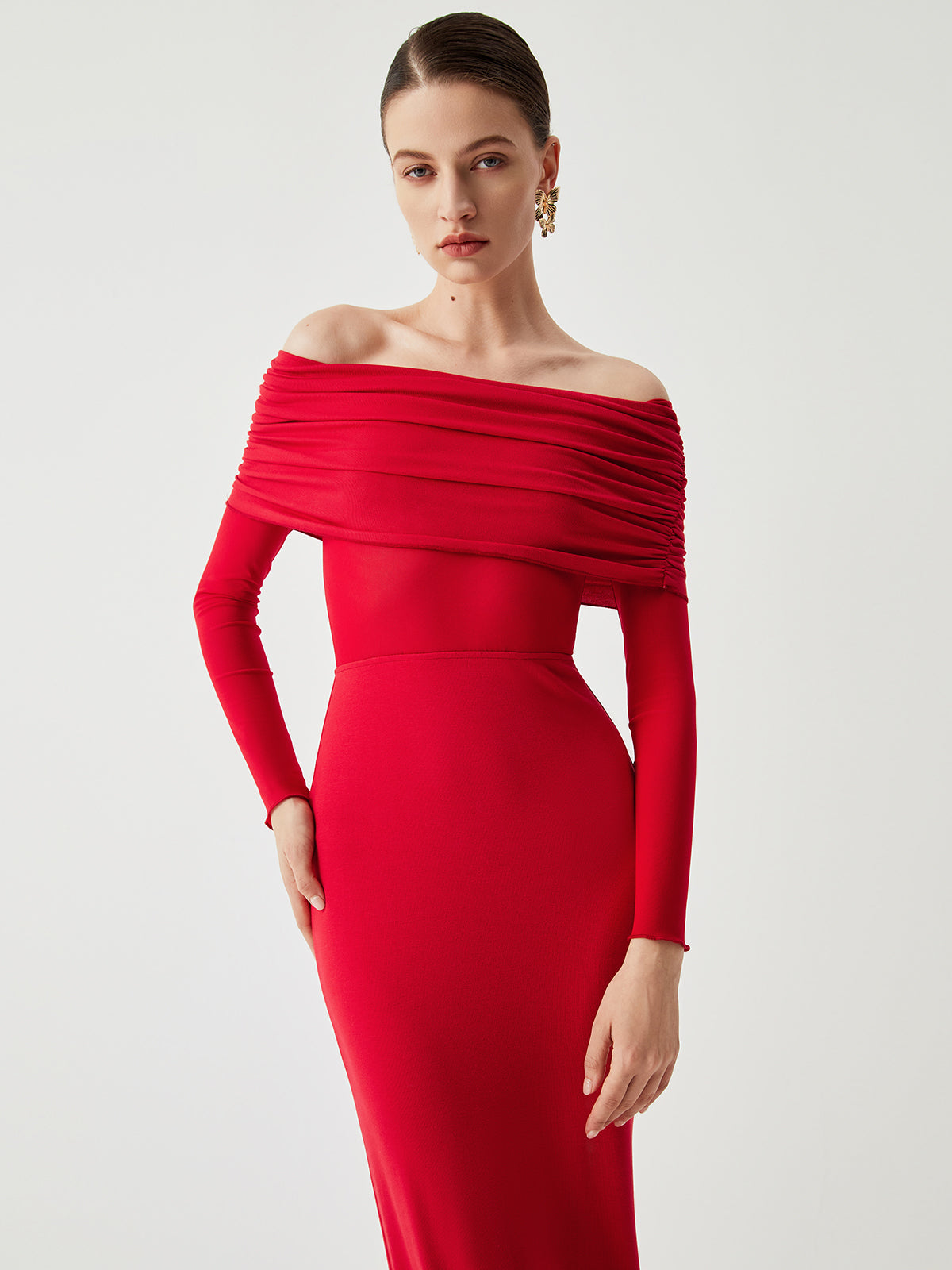 Charlotte – Semi-Sheer Off-Shoulder Mesh Long Sleeve Long Dress - Image 5
