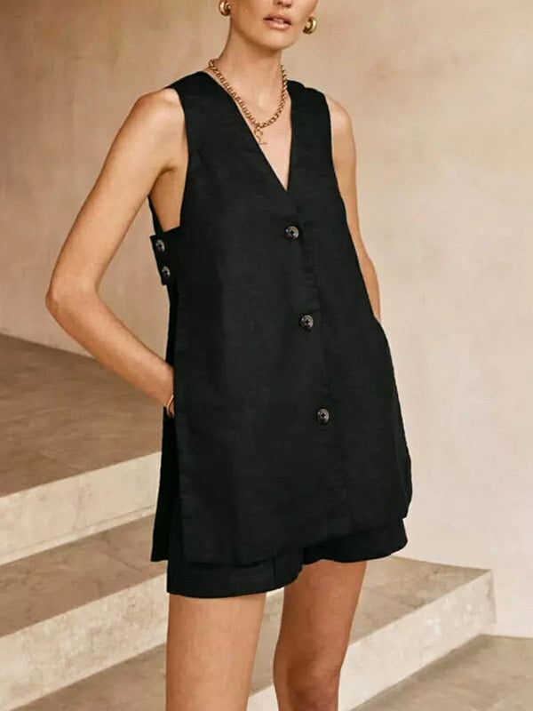 Anna – V-neck Sleeveless Vest with High-waisted Shorts Set - Image 1