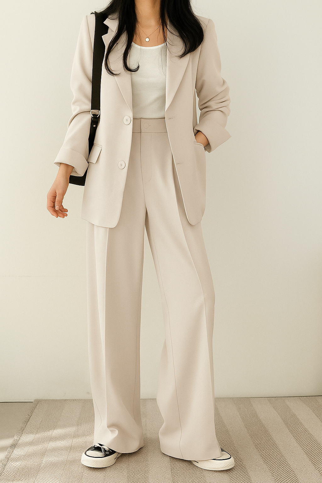 Two-Piece Set Women's Tailored Blazer and Wide-Leg Pants with Elegant Finish - Image 3