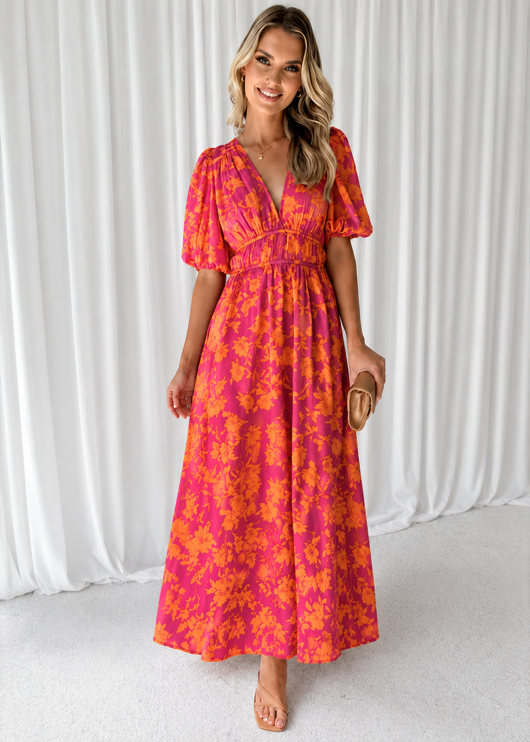 Elena – Maxikleid für Damen mit Blumenmuster und V-Ausschnitt