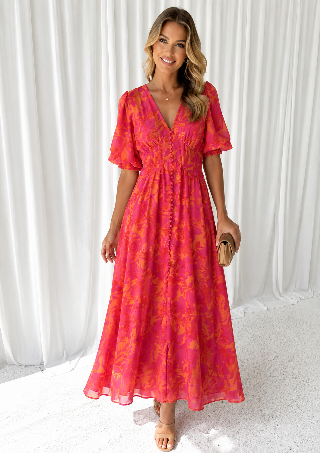 Elena – Maxikleid für Damen mit Blumenmuster und V-Ausschnitt