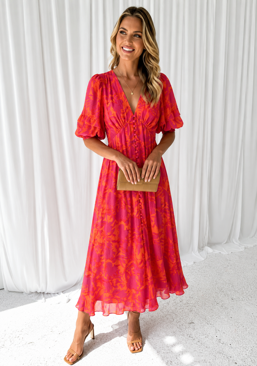 Elena – Maxikleid für Damen mit Blumenmuster und V-Ausschnitt