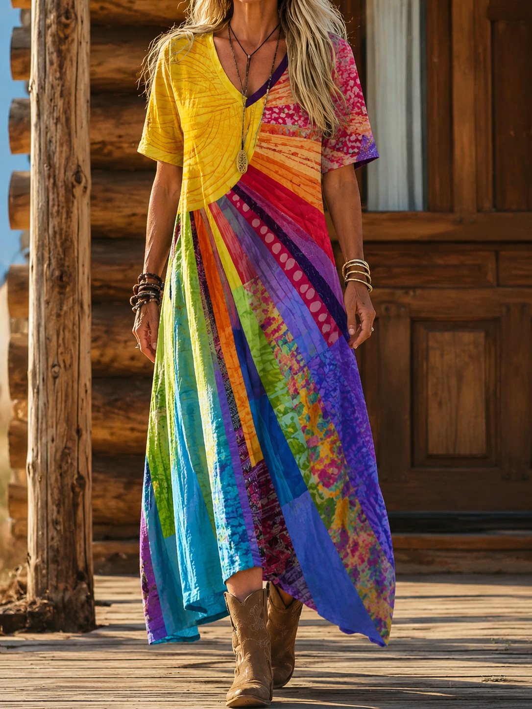Stefanie – Bohemian-Maxikleid mit Sonnenstrahlenmuster für Damen