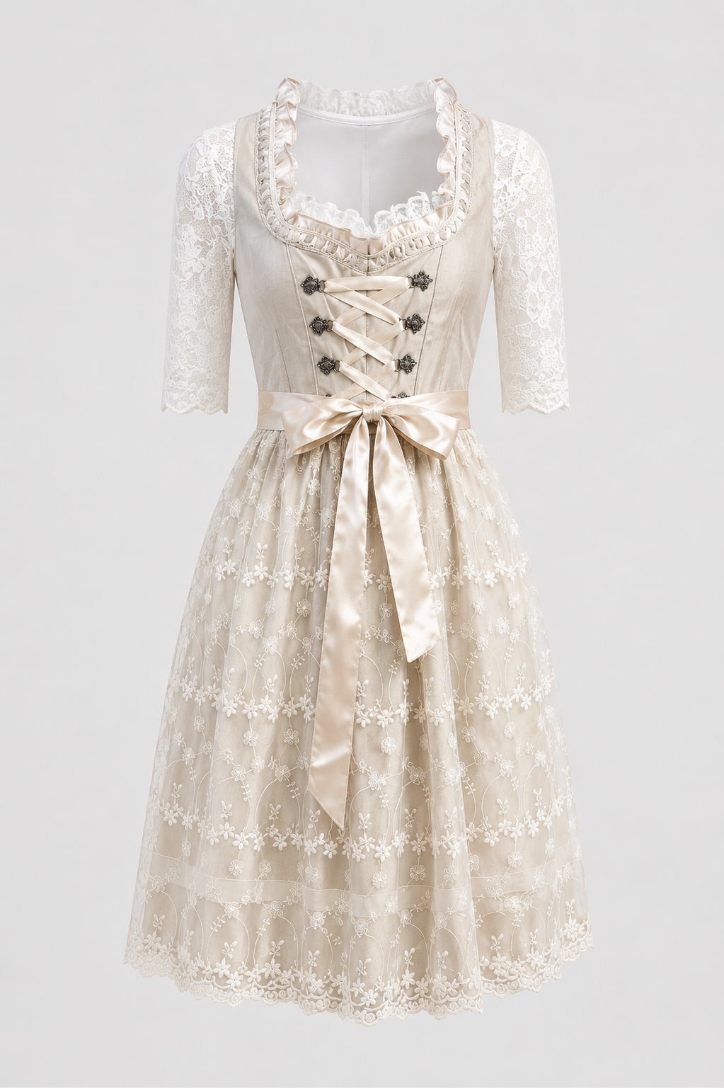 Charmantes Midi-Dirndl für Damen mit kunstvoll verziertem Oberteil und schwingendem Rock | A&Z