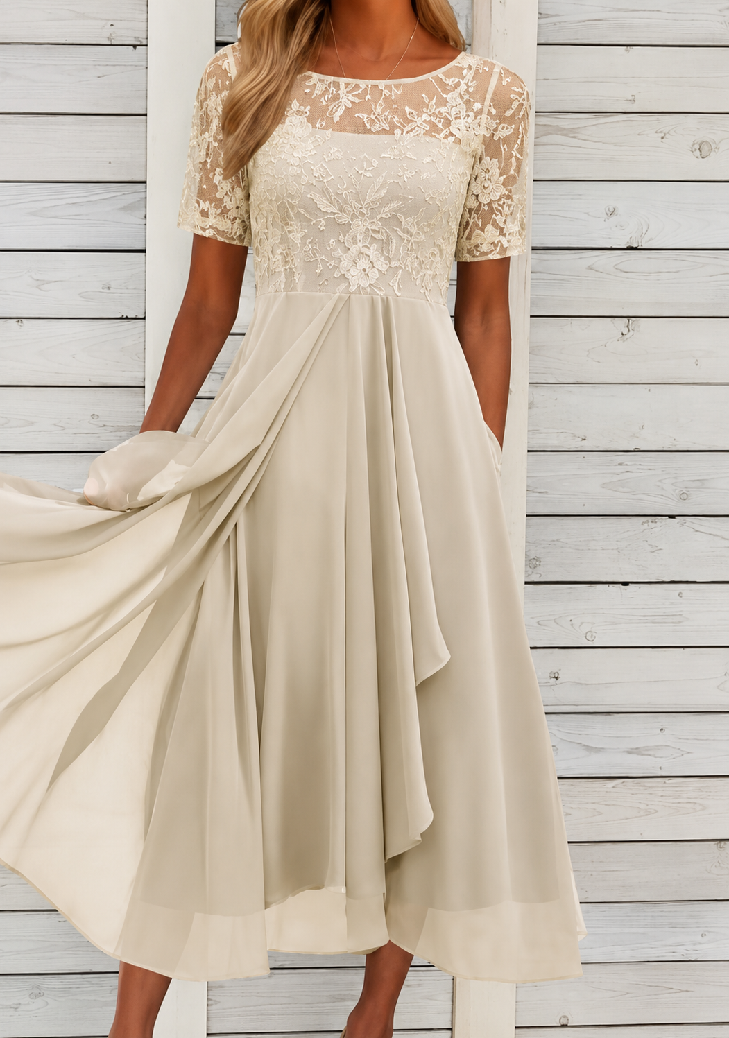 Sophie – Damen Halbarm Spitzen Midikleid