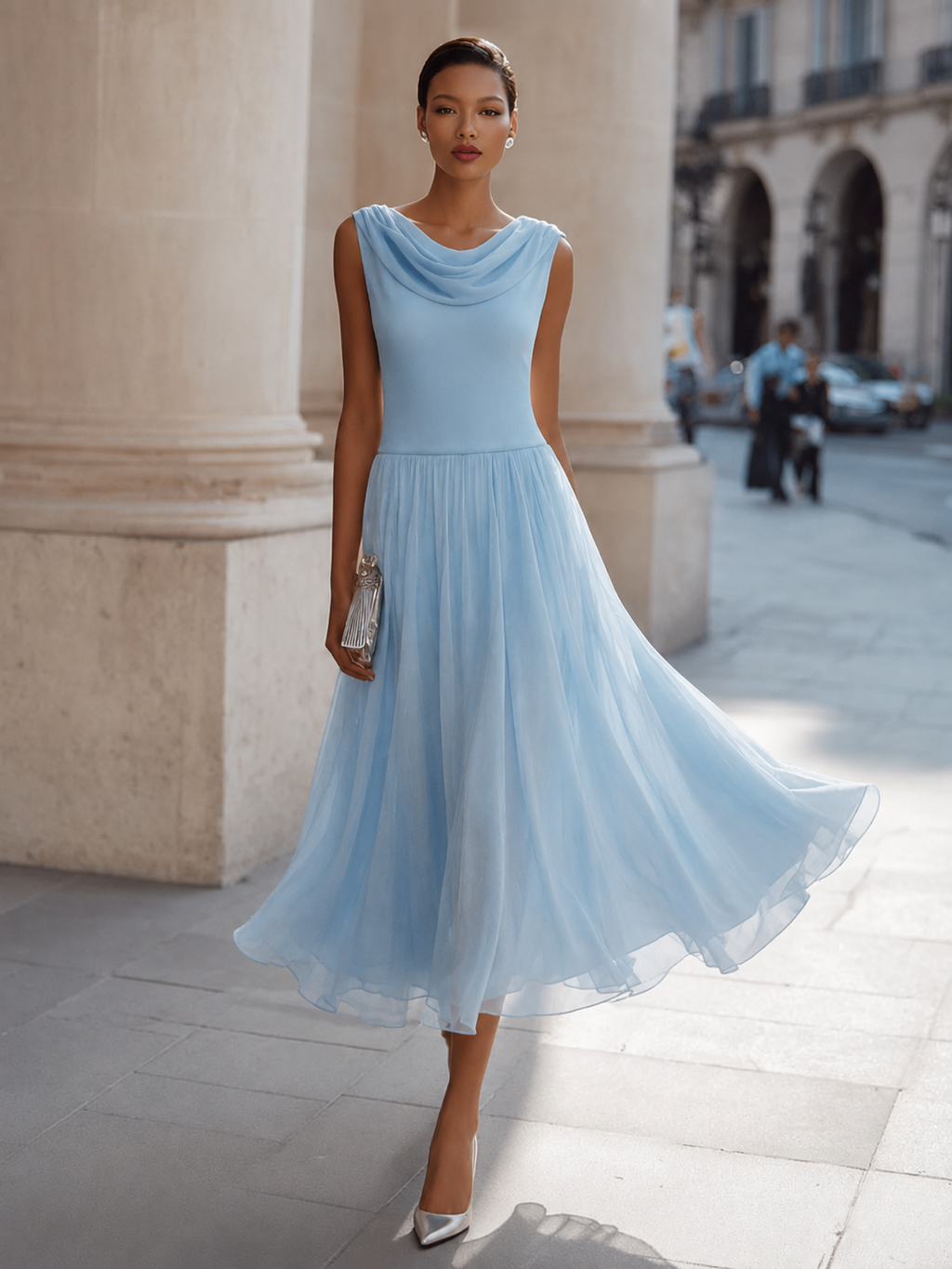 Schickes Midi-Dress für Damen im Plissee-Design mit Wasserfall-Ausschnitt | A&Z