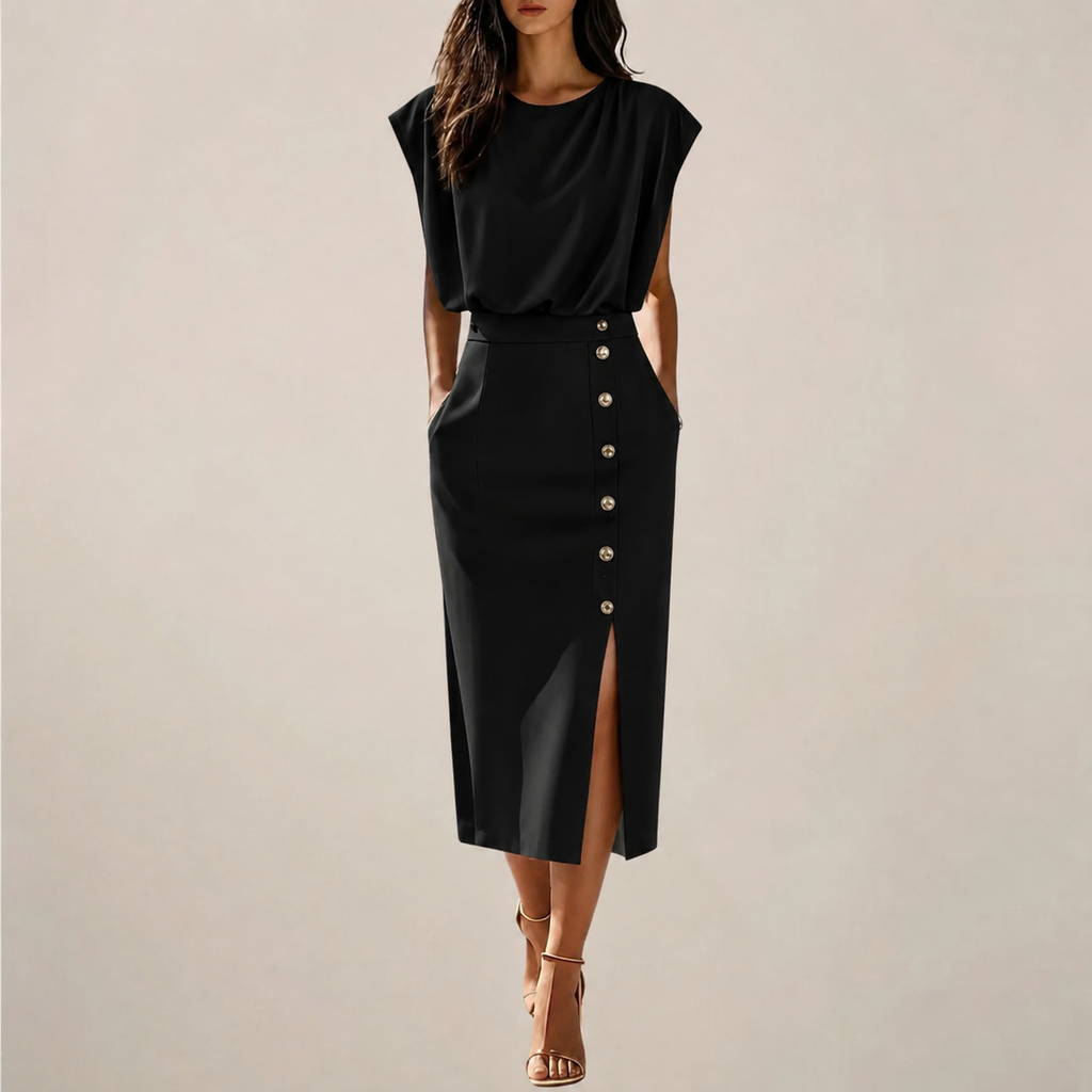 Emilia – Elegantes Midikleid mit Knopfdetail und Seitenschlitz