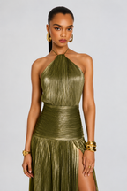 Lina – Maxikleid mit Metallplissee und Neckholder