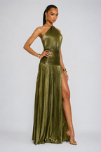 Lina – Maxikleid mit Metallplissee und Neckholder