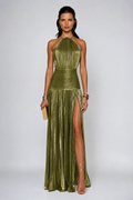 Lina – Maxikleid mit Metallplissee und Neckholder