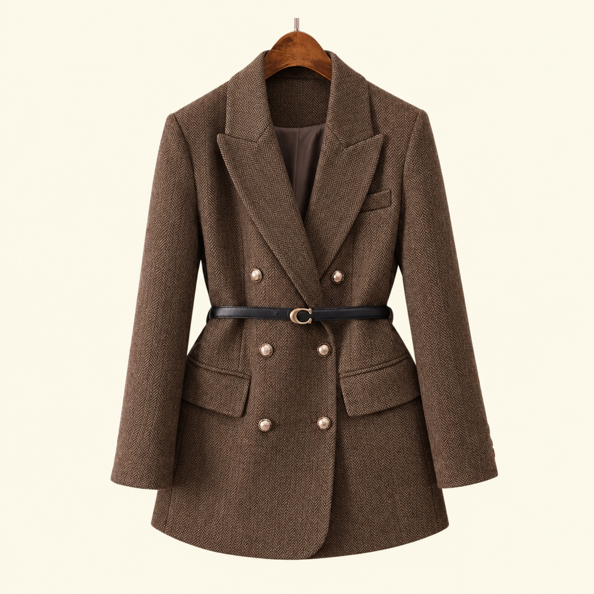 Stylischer Damen-Tweed-Blazer mit tailliertem Schnitt und Gürtel | A&Z