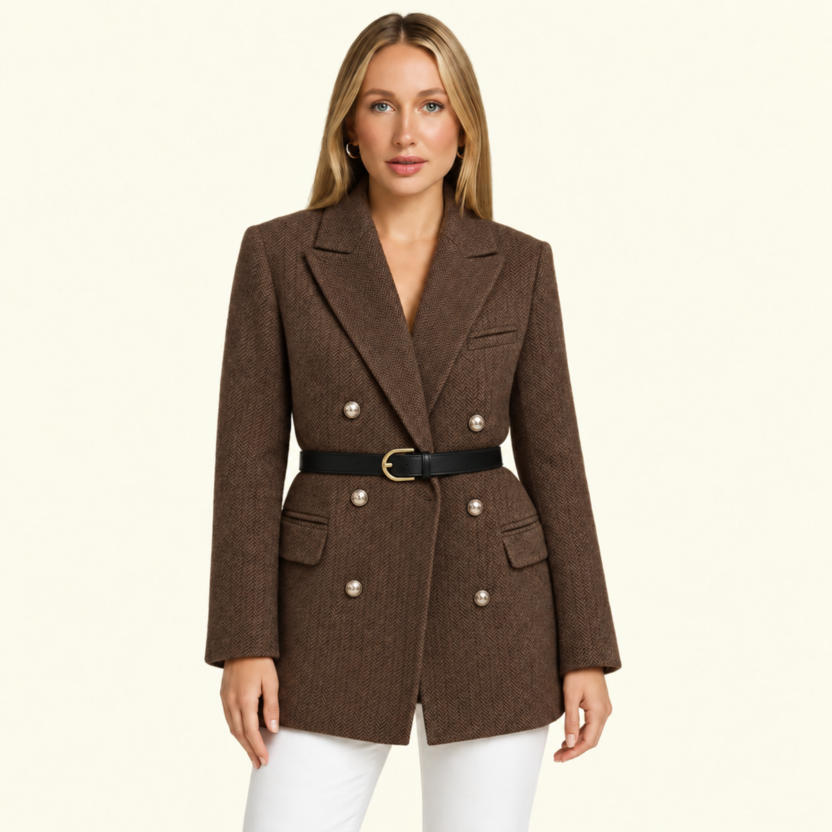 Stylischer Damen-Tweed-Blazer mit tailliertem Schnitt und Gürtel | A&Z