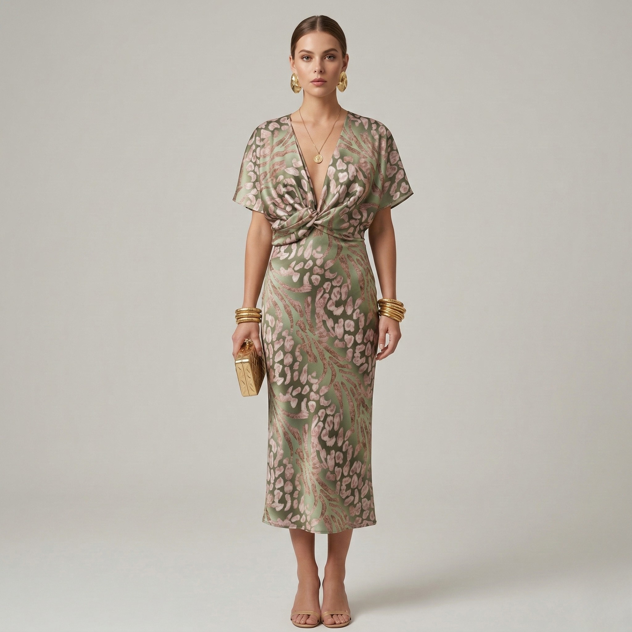 Renate – Elegant V-Neck Dress with Front Knot Short Sleeves for Women - Image 1