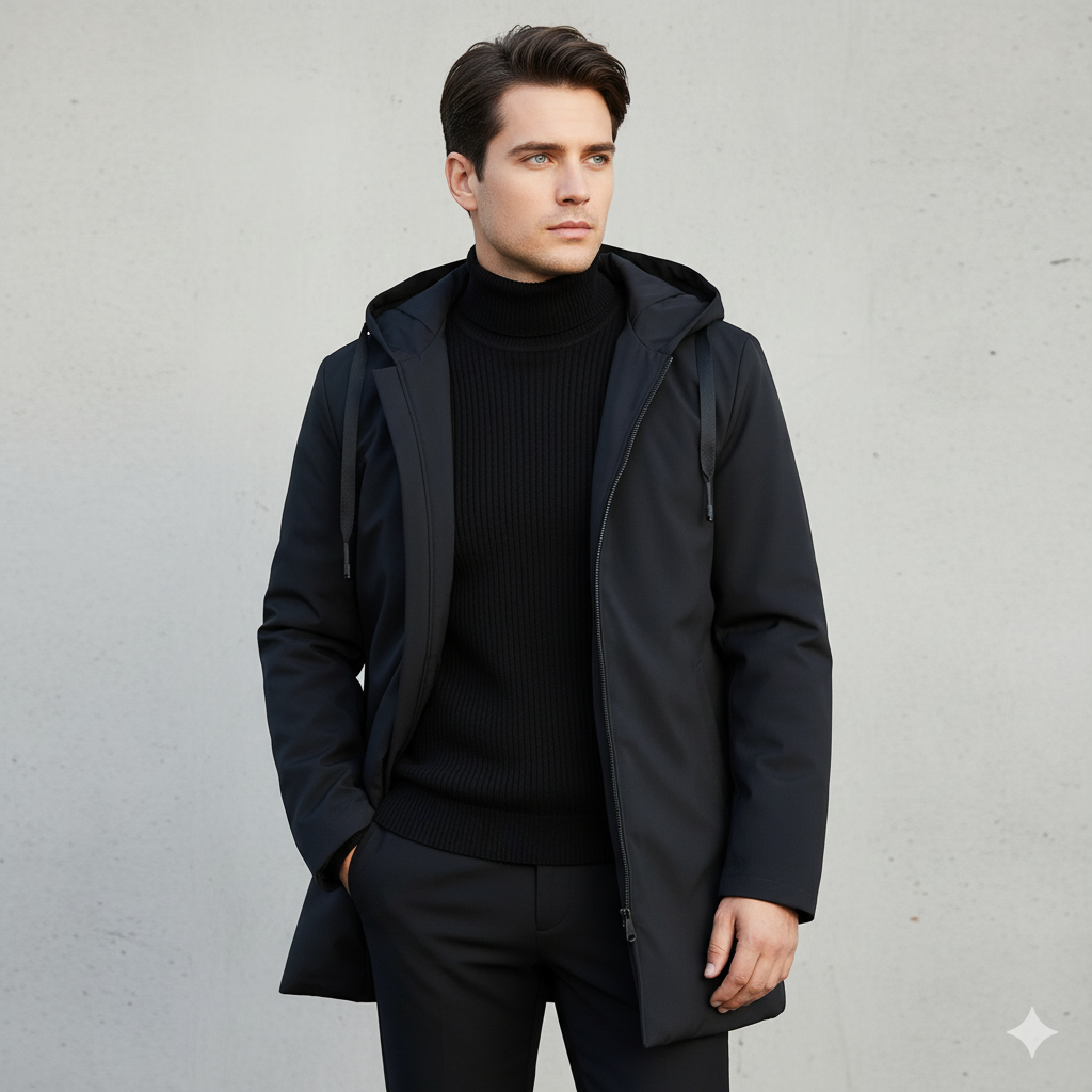 Moderne Herren Longjacke mit Kapuze und Reißverschluss - J&B - 1 - Atelier-Zofia
