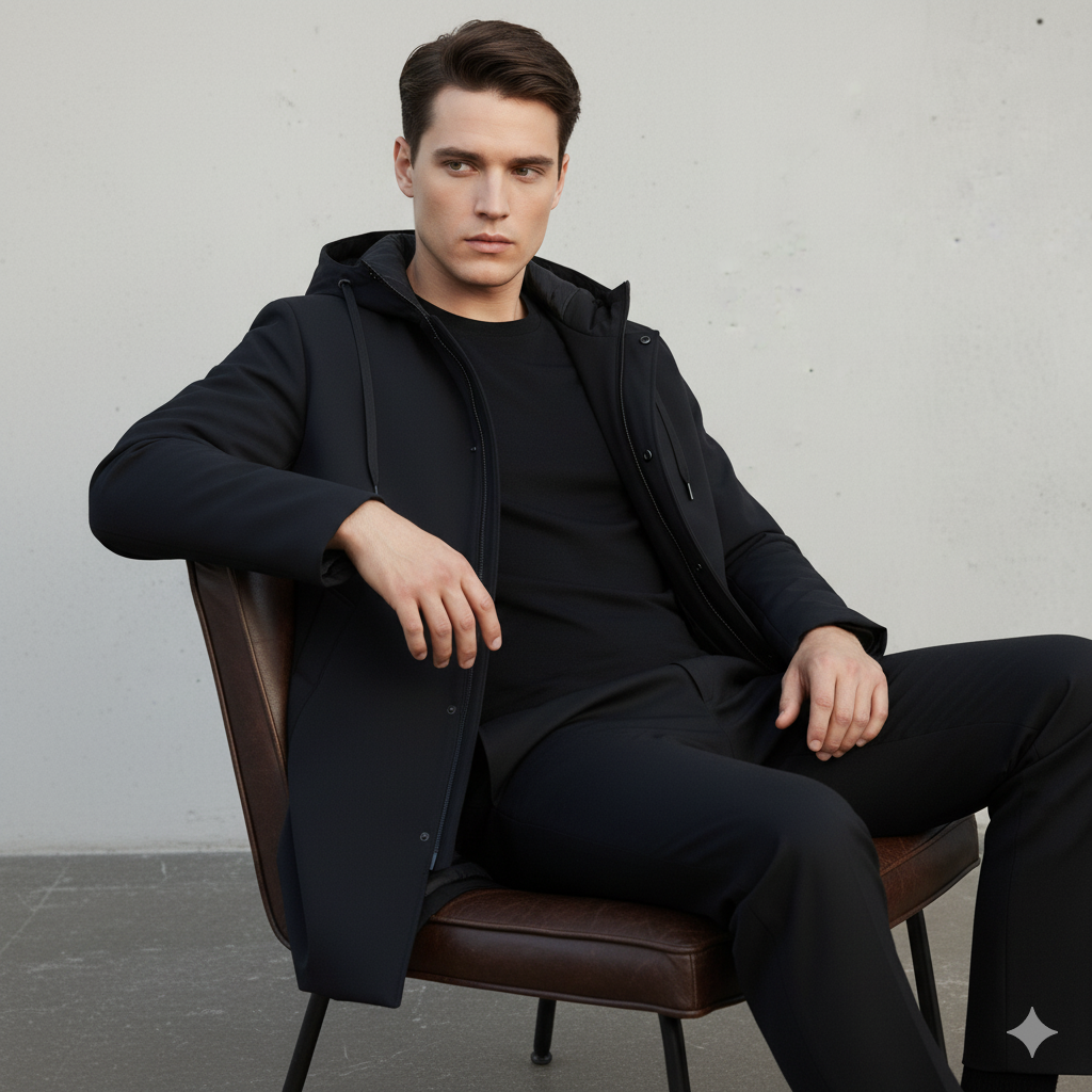 Moderne Herren Longjacke mit Kapuze und Reißverschluss - J&B - 4 - Atelier-Zofia