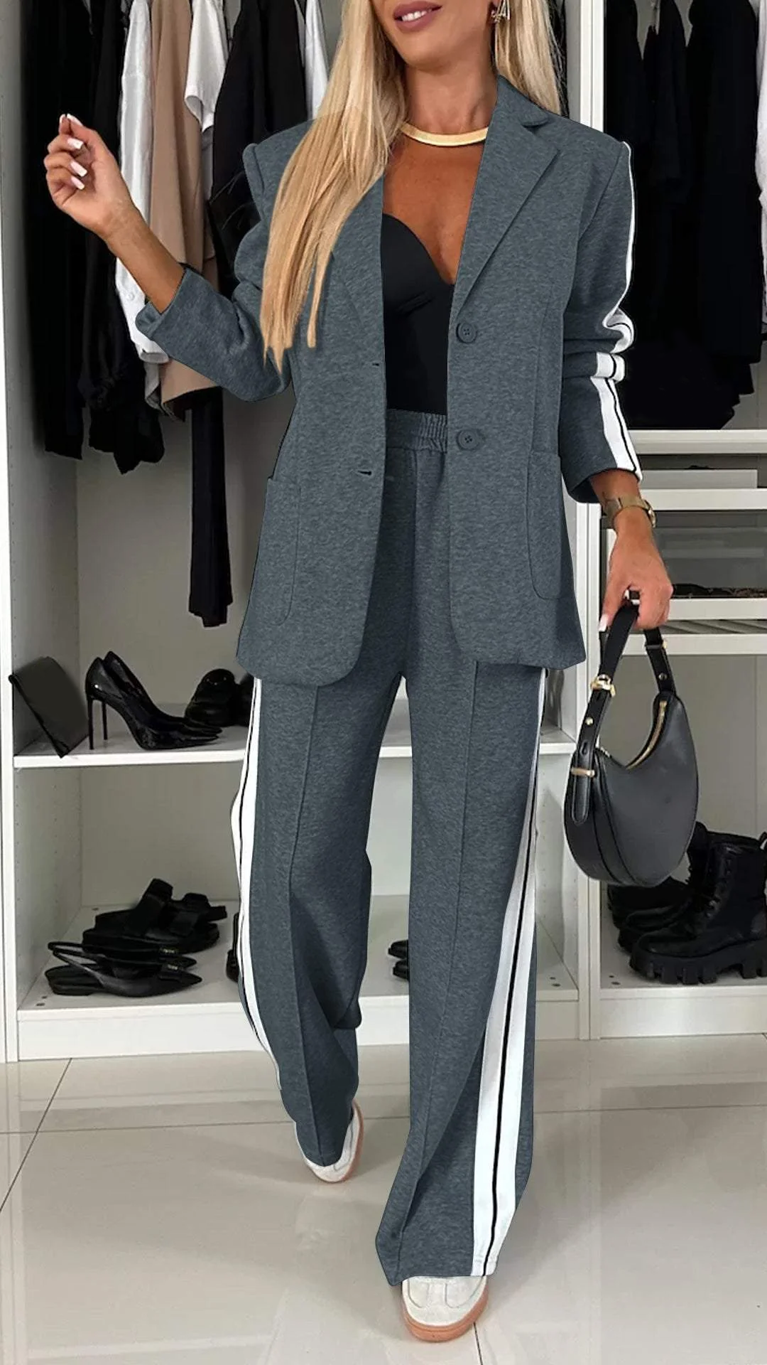 Elegantes Damen-Zweiteiler-Set mit Blazer und weiter Hose im Streifenlook - J&B - 5 - Atelier-Zofia