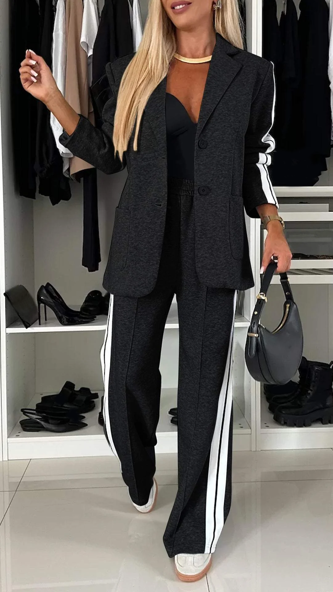 Elegantes Damen-Zweiteiler-Set mit Blazer und weiter Hose im Streifenlook - J&B - 6 - Atelier-Zofia