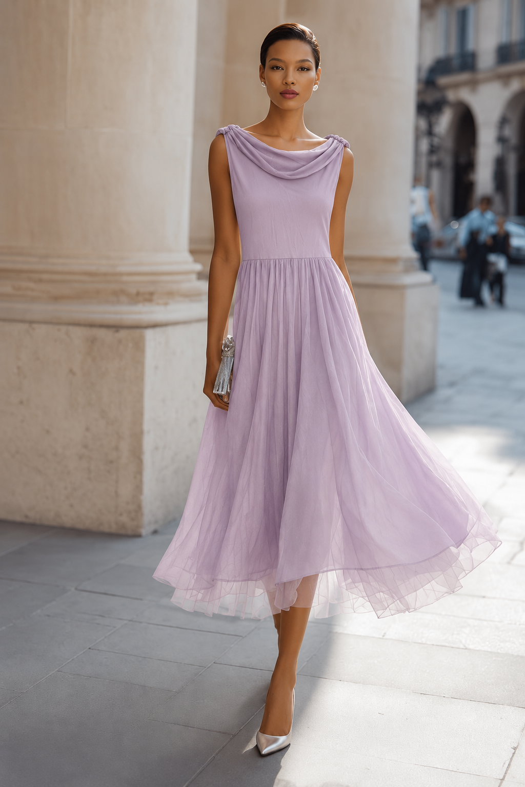 Schickes Midi-Dress für Damen im Plissee-Design mit Wasserfall-Ausschnitt | A&Z