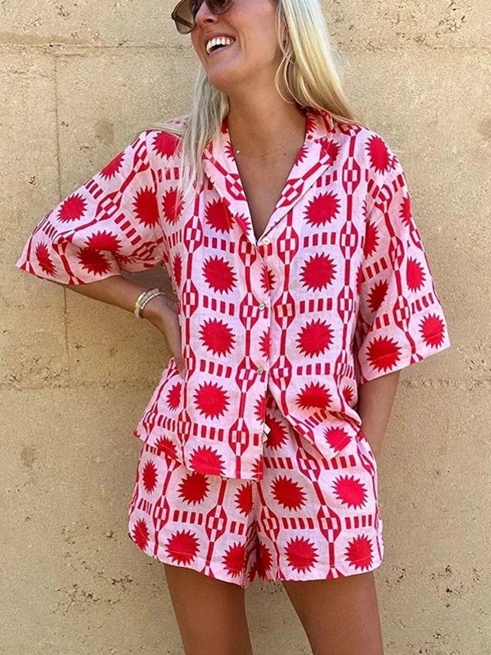 Sienna – Summer Geo Print Shirt & Shorts Set for Women - Image 1