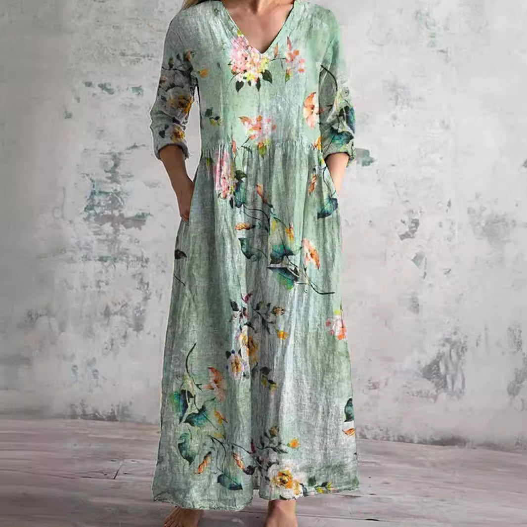 Clara – Gemustertes Maxi-Kleid mit V-Ausschnitt