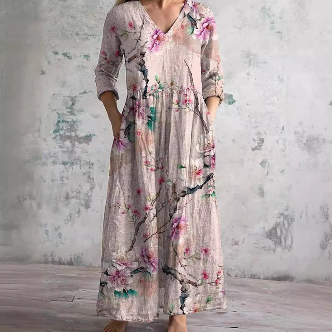 Clara – Gemustertes Maxi-Kleid mit V-Ausschnitt