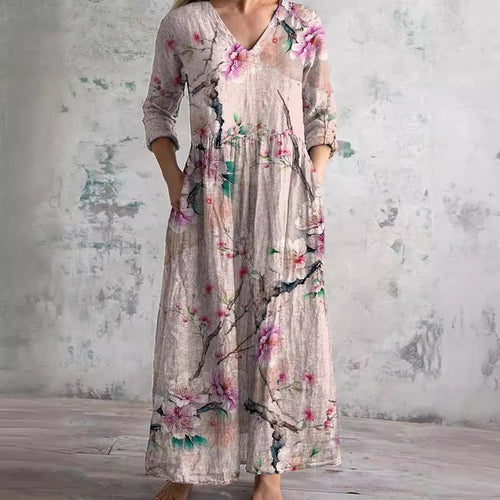 Clara – Gemustertes Maxi-Kleid mit V-Ausschnitt