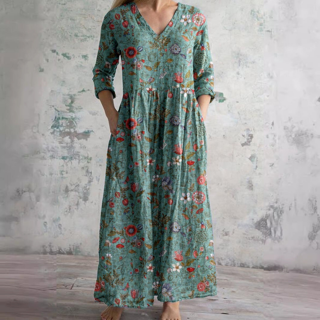 Clara – Gemustertes Maxi-Kleid mit V-Ausschnitt