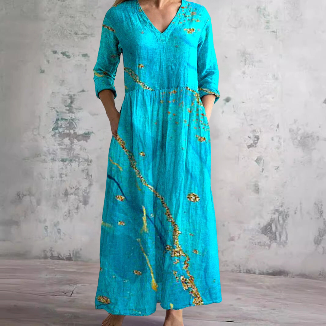 Clara – Gemustertes Maxi-Kleid mit V-Ausschnitt