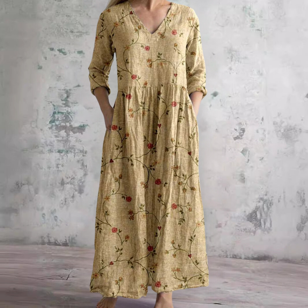 Clara – Gemustertes Maxi-Kleid mit V-Ausschnitt