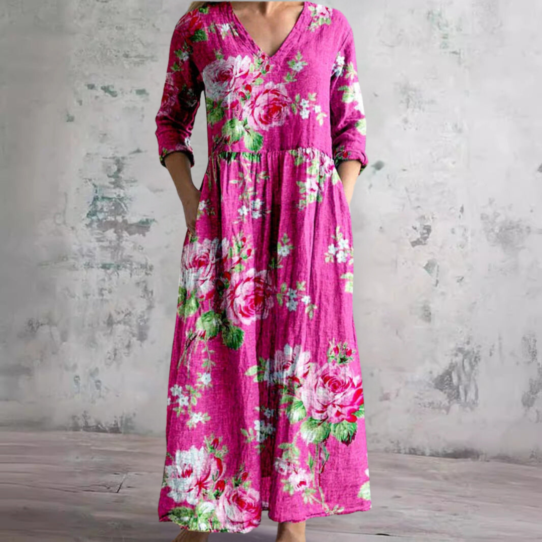 Clara – Gemustertes Maxi-Kleid mit V-Ausschnitt
