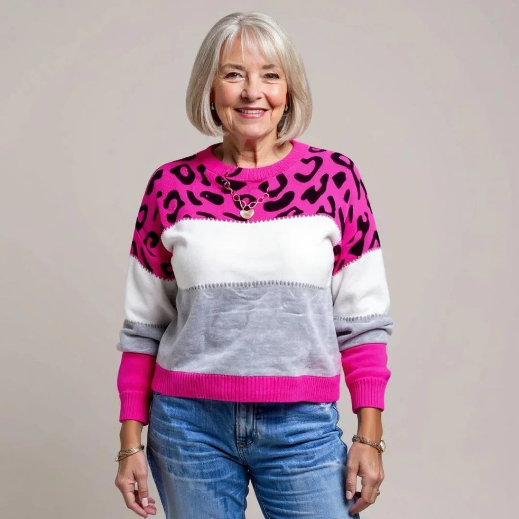 Eleganter Damenpullover im Leoparden-Design mit Farbblockakzenten - J&B - 9 - Atelier-Zofia