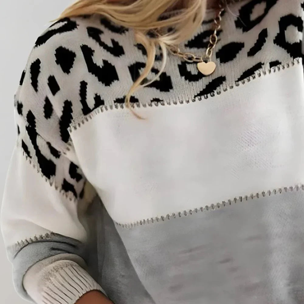 Eleganter Damenpullover im Leoparden-Design mit Farbblockakzenten - J&B - 2 - Atelier-Zofia