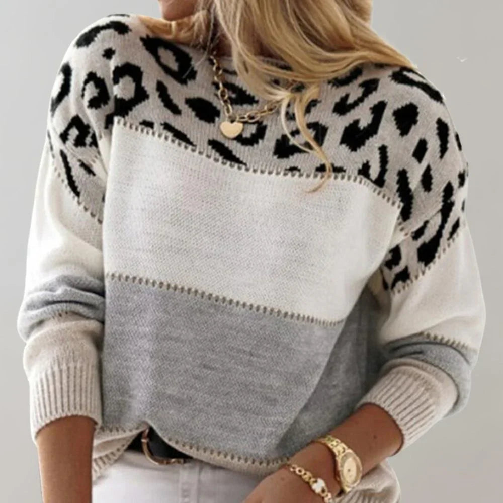 Eleganter Damenpullover im Leoparden-Design mit Farbblockakzenten - J&B - 3 - Atelier-Zofia