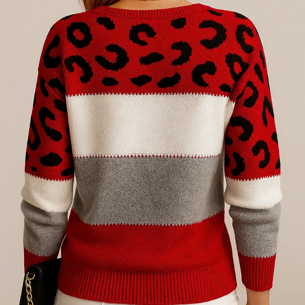 Eleganter Damenpullover im Leoparden-Design mit Farbblockakzenten - J&B - 6 - Atelier-Zofia